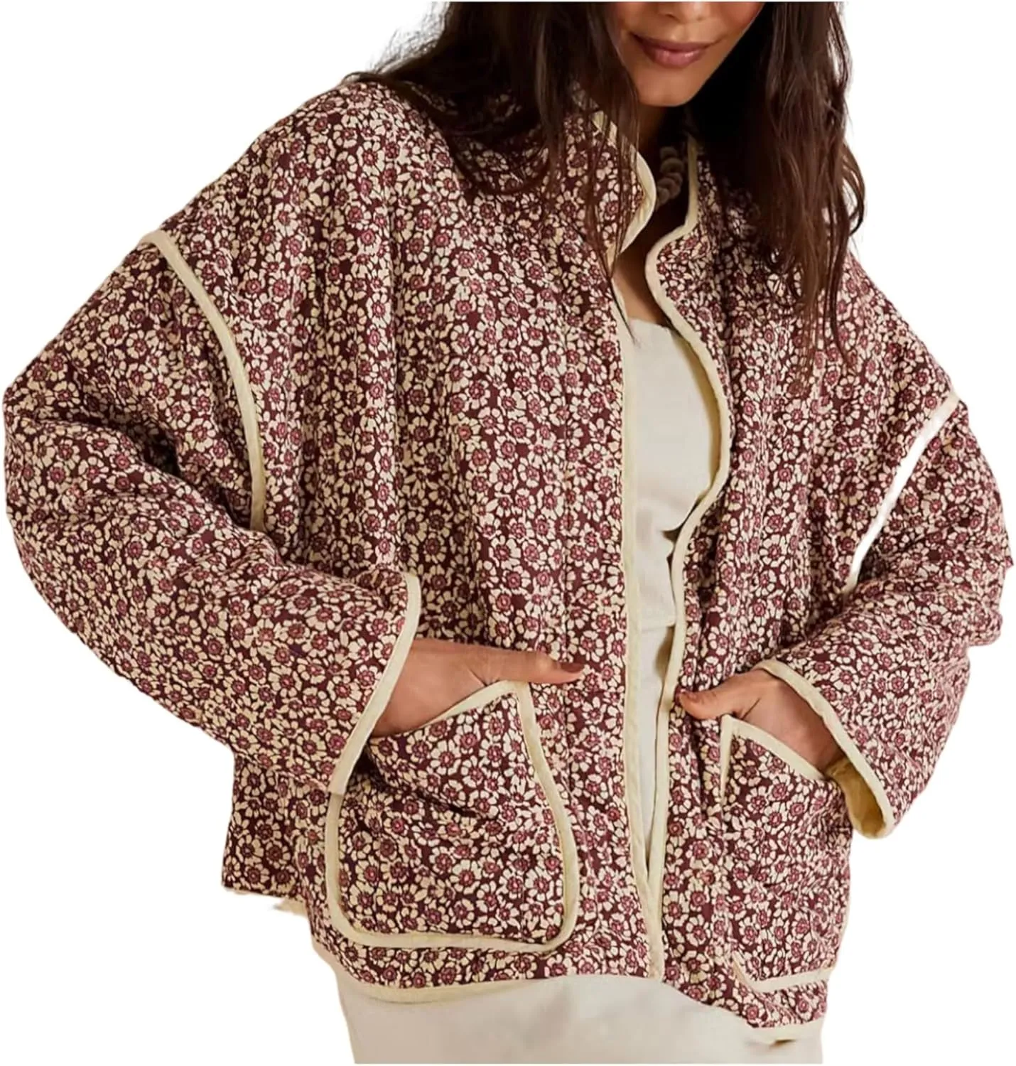 Women's Floral Quilted Jackets Cropped Reversible Open Front Lightweight Short Padded Puffer Coat