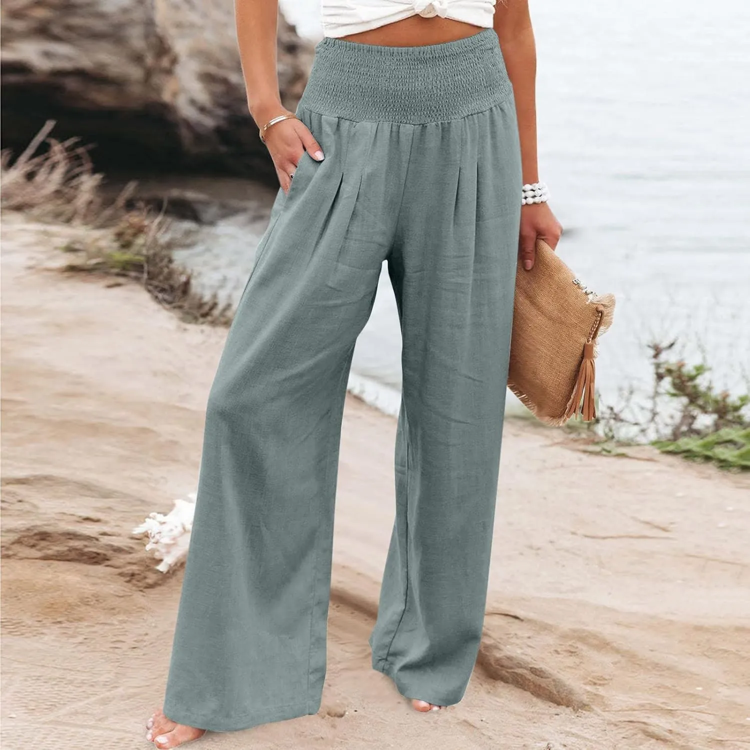Women's High Waist Wide Leg Pants, Dressy Casual Palazzo Pant Solid Casual Beach Pant Flowy Trousers for Ladies