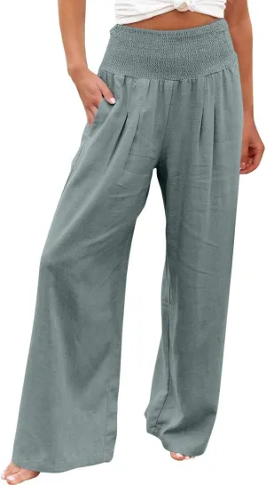 Women's High Waist Wide Leg Pants, Dressy Casual Palazzo Pant Solid Casual Beach Pant Flowy Trousers for Ladies
