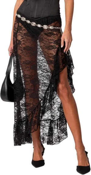 Women's Lace Long Skirts Vintage High Waist Solid Color Asymmetrical Hem Ruffle Midi Skirts Flowy Skirts
