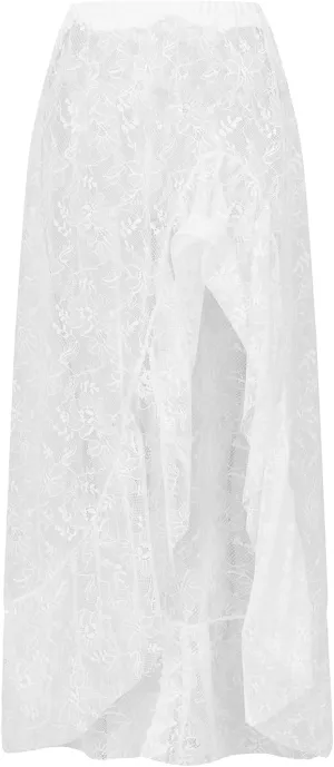 Women's Lace Long Skirts Vintage High Waist Solid Color Asymmetrical Hem Ruffle Midi Skirts Flowy Skirts