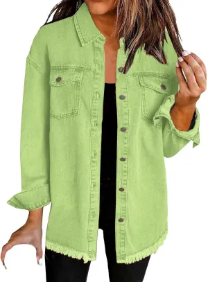 Women's Oversized Denim Jacket Lightweight Casual Long Sleeve Button Shirts Distressed Jean Jacket 2025 Fall Outfits
