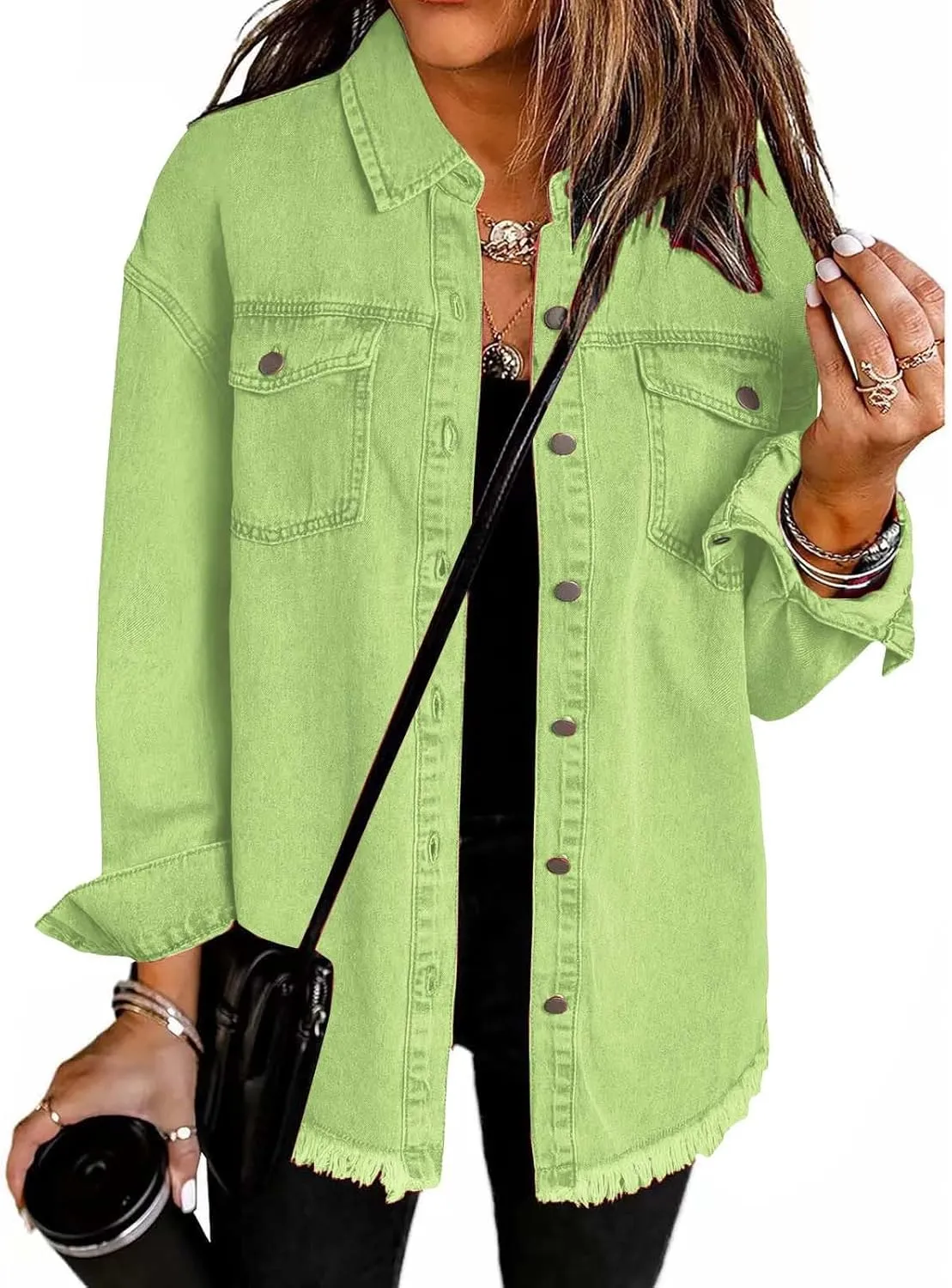 Women's Oversized Denim Jacket Lightweight Casual Long Sleeve Button Shirts Distressed Jean Jacket 2025 Fall Outfits