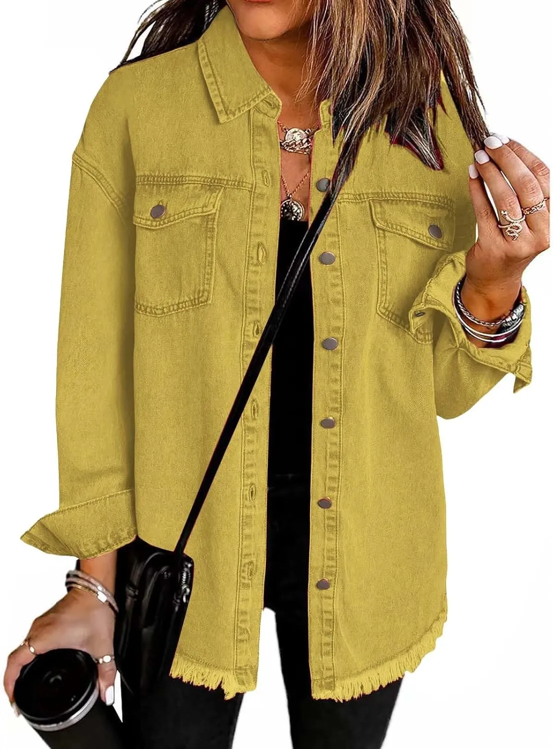 Women's Oversized Denim Jacket Lightweight Casual Long Sleeve Button Shirts Distressed Jean Jacket 2025 Fall Outfits