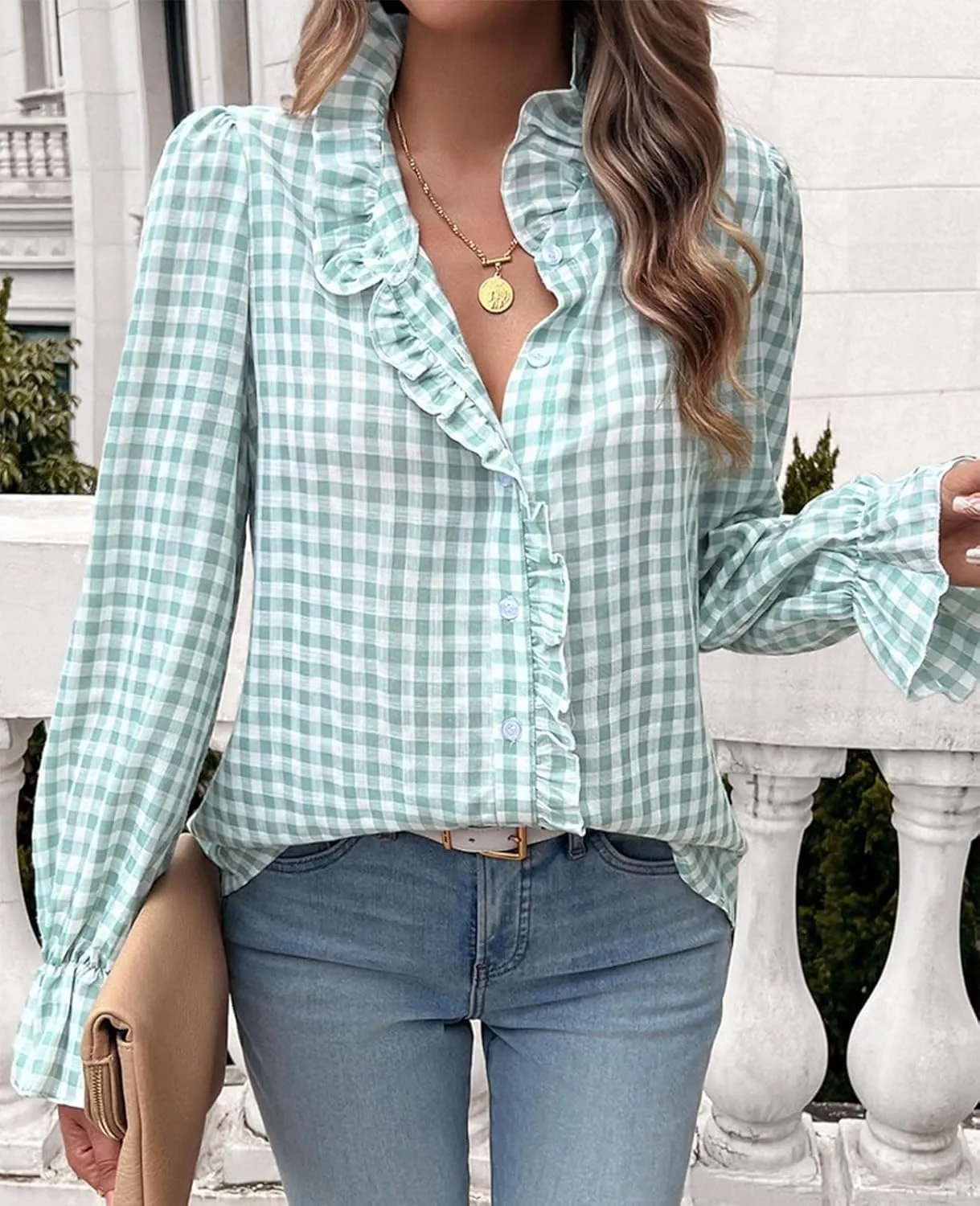 Womens Plaid Blouse Peasant Ruffle Neck Button Down Plaid Puff Long Sleeve Gingham Blouse Shirts