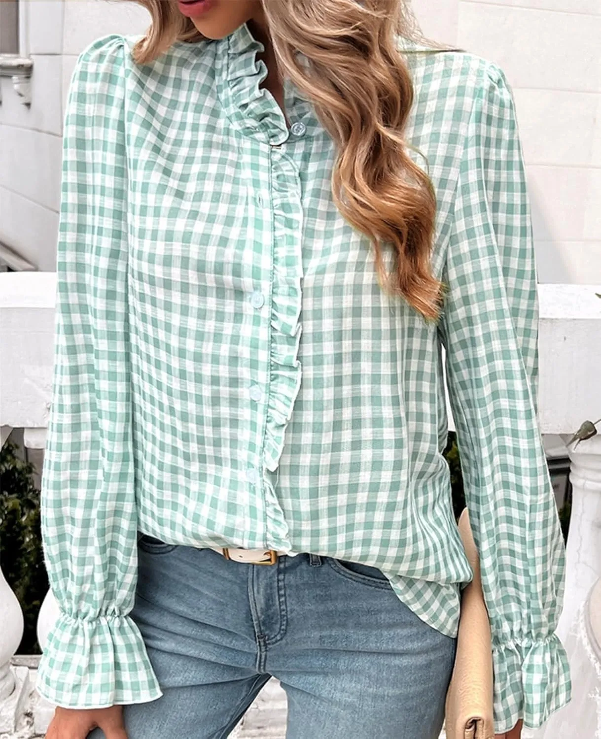Womens Plaid Blouse Peasant Ruffle Neck Button Down Plaid Puff Long Sleeve Gingham Blouse Shirts
