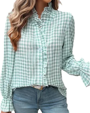 Womens Plaid Blouse Peasant Ruffle Neck Button Down Plaid Puff Long Sleeve Gingham Blouse Shirts