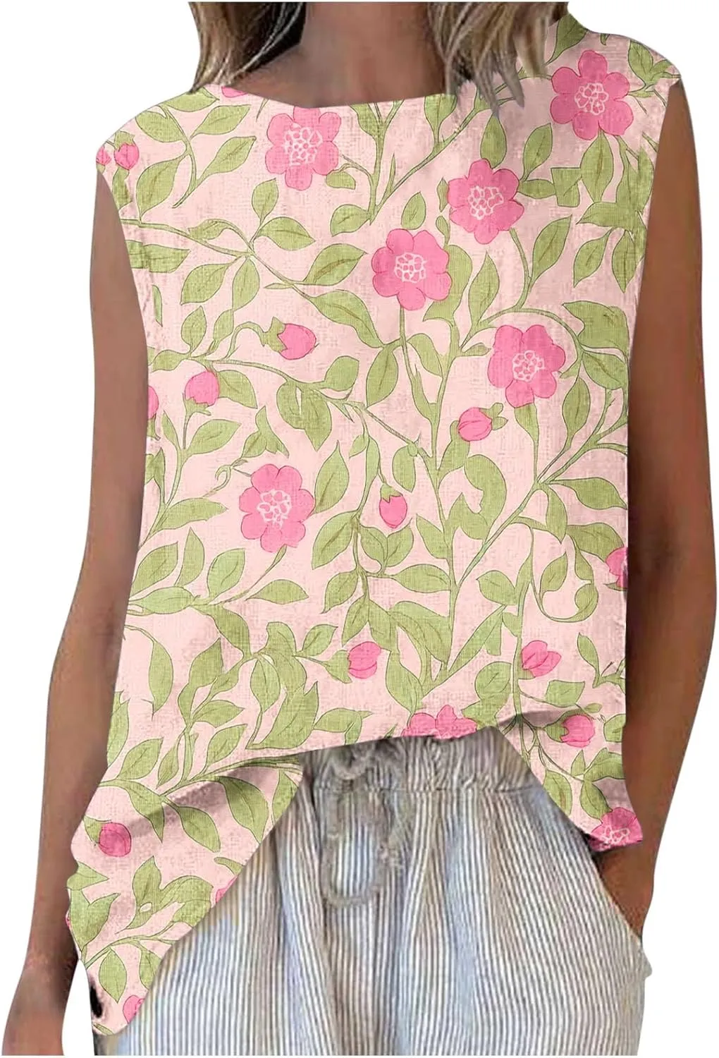 Womens Plus Size Tank Tops Crewneck Floral Graphic Loose Comfy Casual Sleeveless Thin Style Outdoor Walking Vests