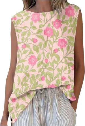 Womens Plus Size Tank Tops Crewneck Floral Graphic Loose Comfy Casual Sleeveless Thin Style Outdoor Walking Vests