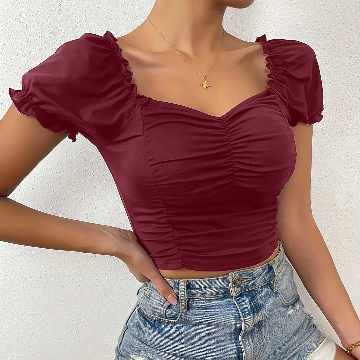 Women's Ruched Short Puff Sleeve Tops Sweetheart Neck Frill Trim Elegant Shirts Summer Slim Fit Y2K Going Out Crop Top