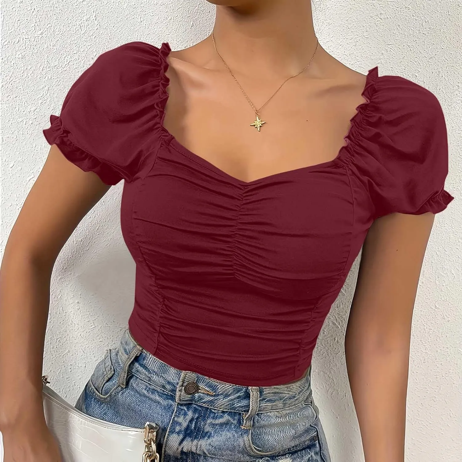 Women's Ruched Short Puff Sleeve Tops Sweetheart Neck Frill Trim Elegant Shirts Summer Slim Fit Y2K Going Out Crop Top