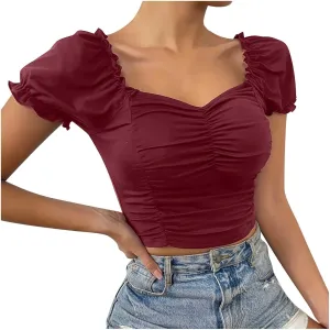 Women's Ruched Short Puff Sleeve Tops Sweetheart Neck Frill Trim Elegant Shirts Summer Slim Fit Y2K Going Out Crop Top