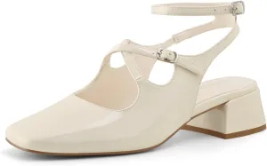 Womens Slingback Mary Jane Heels Square Toe Chunky Low Heel Ankle Strap Pumps Wedding Party Dress Shoes