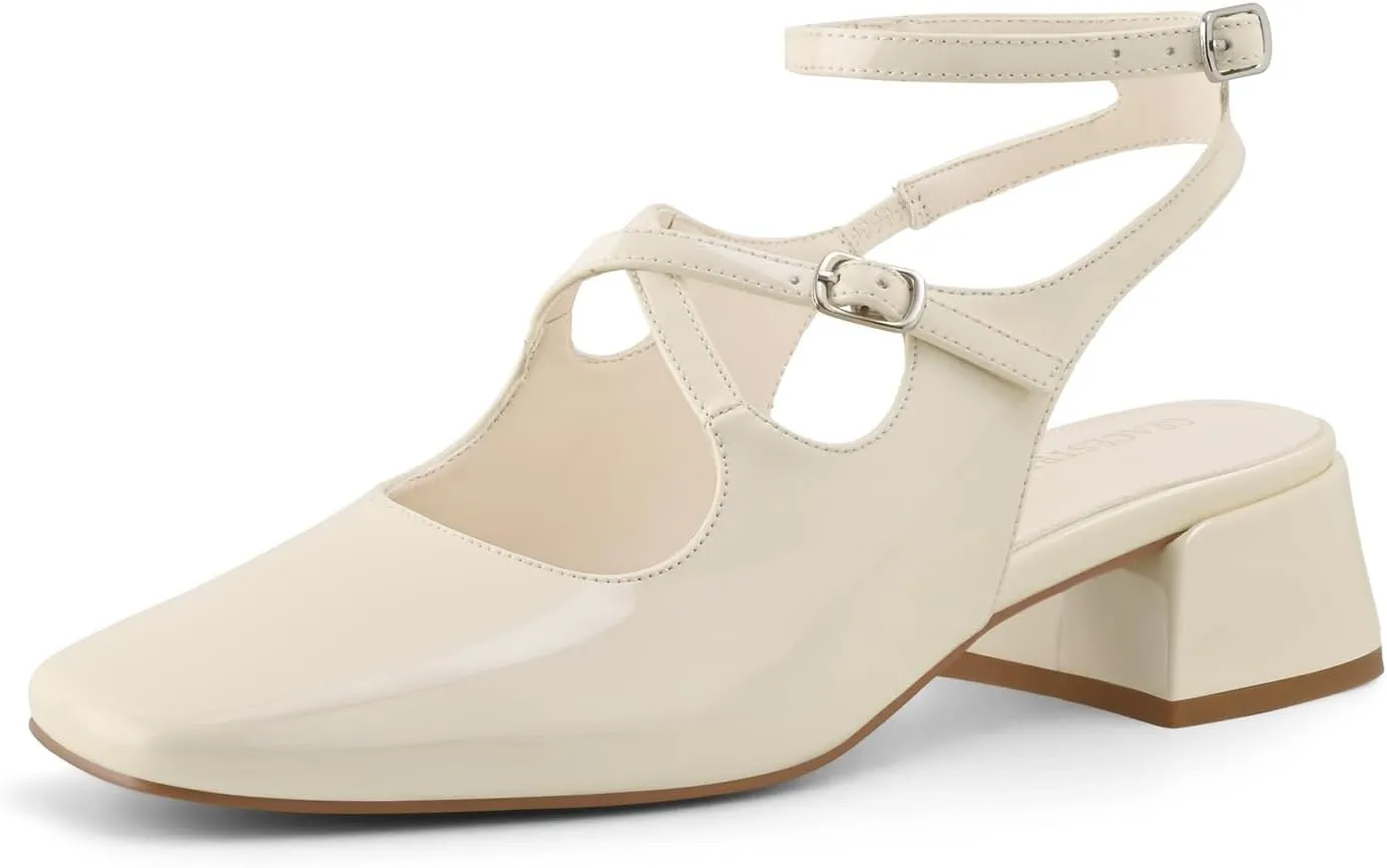 Womens Slingback Mary Jane Heels Square Toe Chunky Low Heel Ankle Strap Pumps Wedding Party Dress Shoes