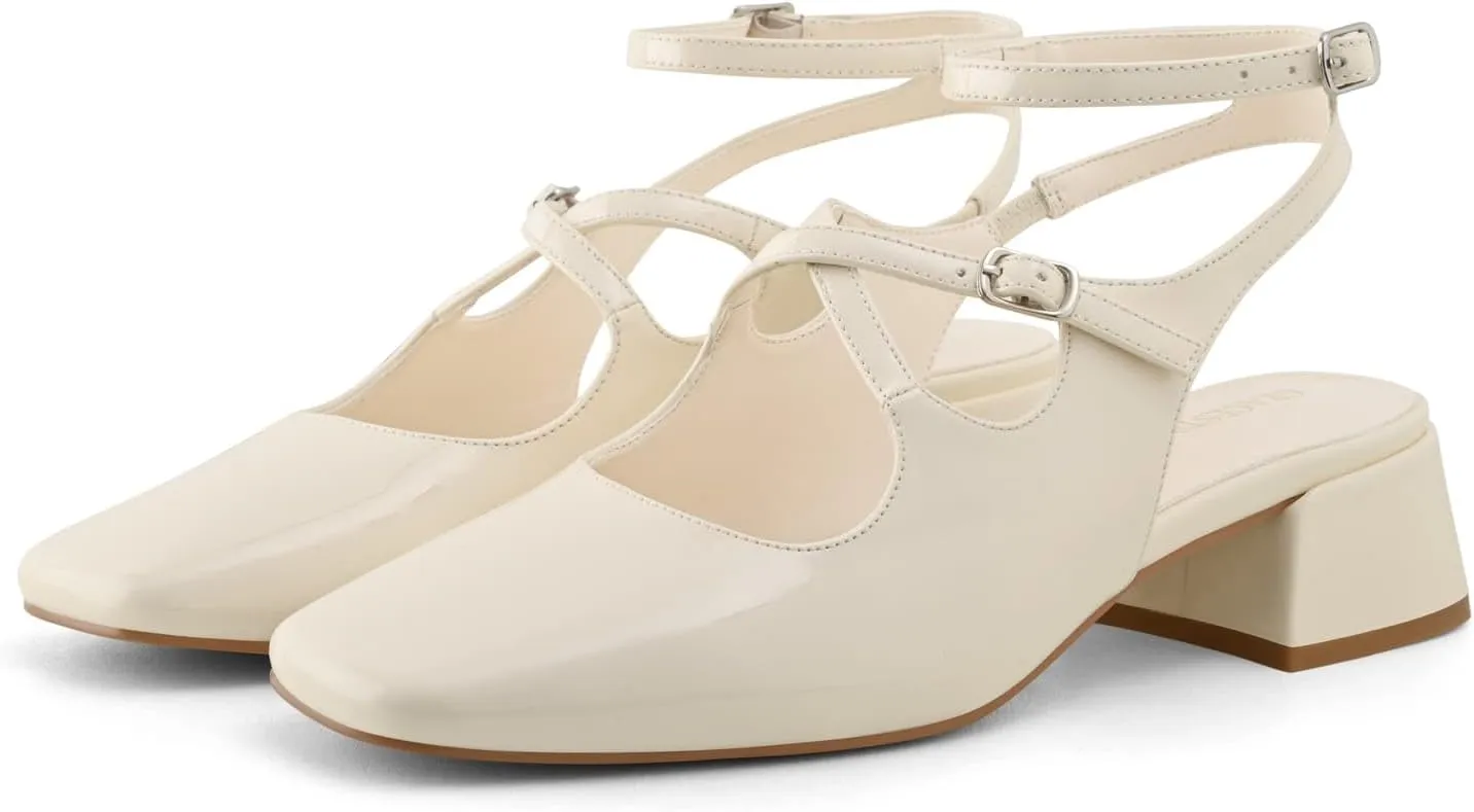 Womens Slingback Mary Jane Heels Square Toe Chunky Low Heel Ankle Strap Pumps Wedding Party Dress Shoes