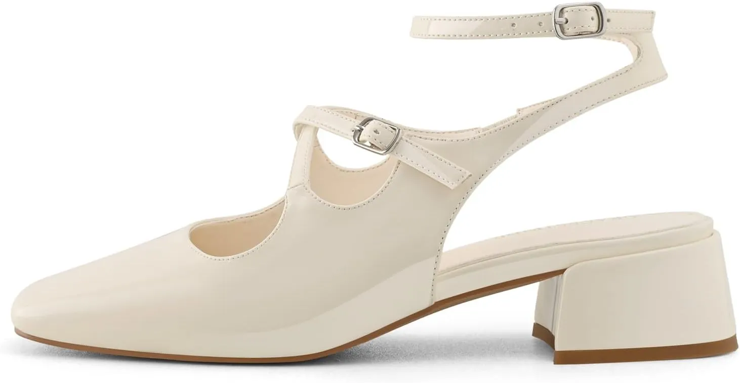 Womens Slingback Mary Jane Heels Square Toe Chunky Low Heel Ankle Strap Pumps Wedding Party Dress Shoes