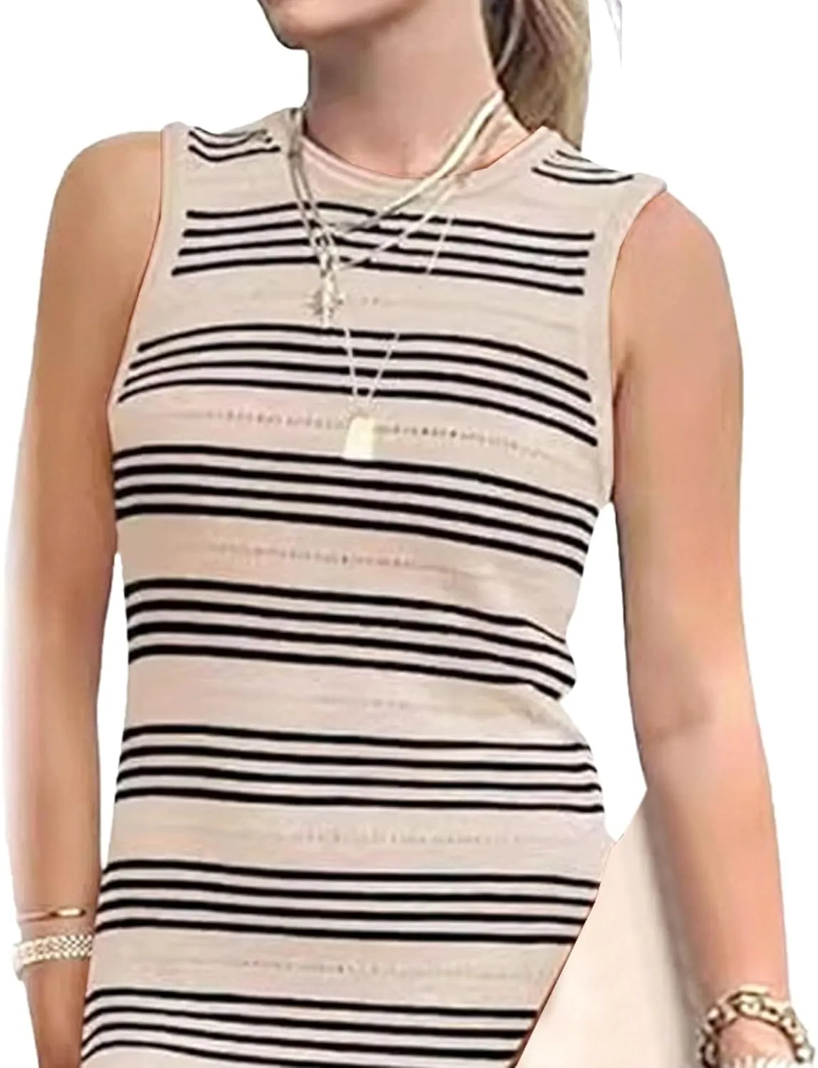 Women's Summer Bodycon Sundresses Casual Midi Sleeveless Hollow Out Knit Side Slit Striped Long Tank Dress 2025