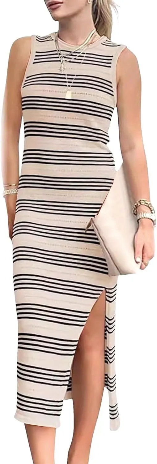 Women's Summer Bodycon Sundresses Casual Midi Sleeveless Hollow Out Knit Side Slit Striped Long Tank Dress 2025