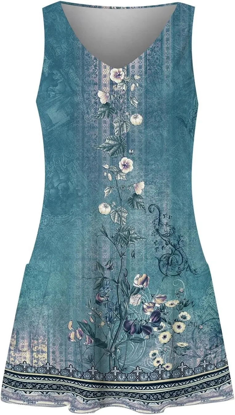 Women's Summer Dresses 2024 Beach Casual Sleeveless Floral Print Boho Tank Dress V Neck Loose Sundress with Pocket