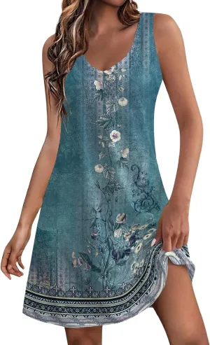 Women's Summer Dresses 2024 Beach Casual Sleeveless Floral Print Boho Tank Dress V Neck Loose Sundress with Pocket