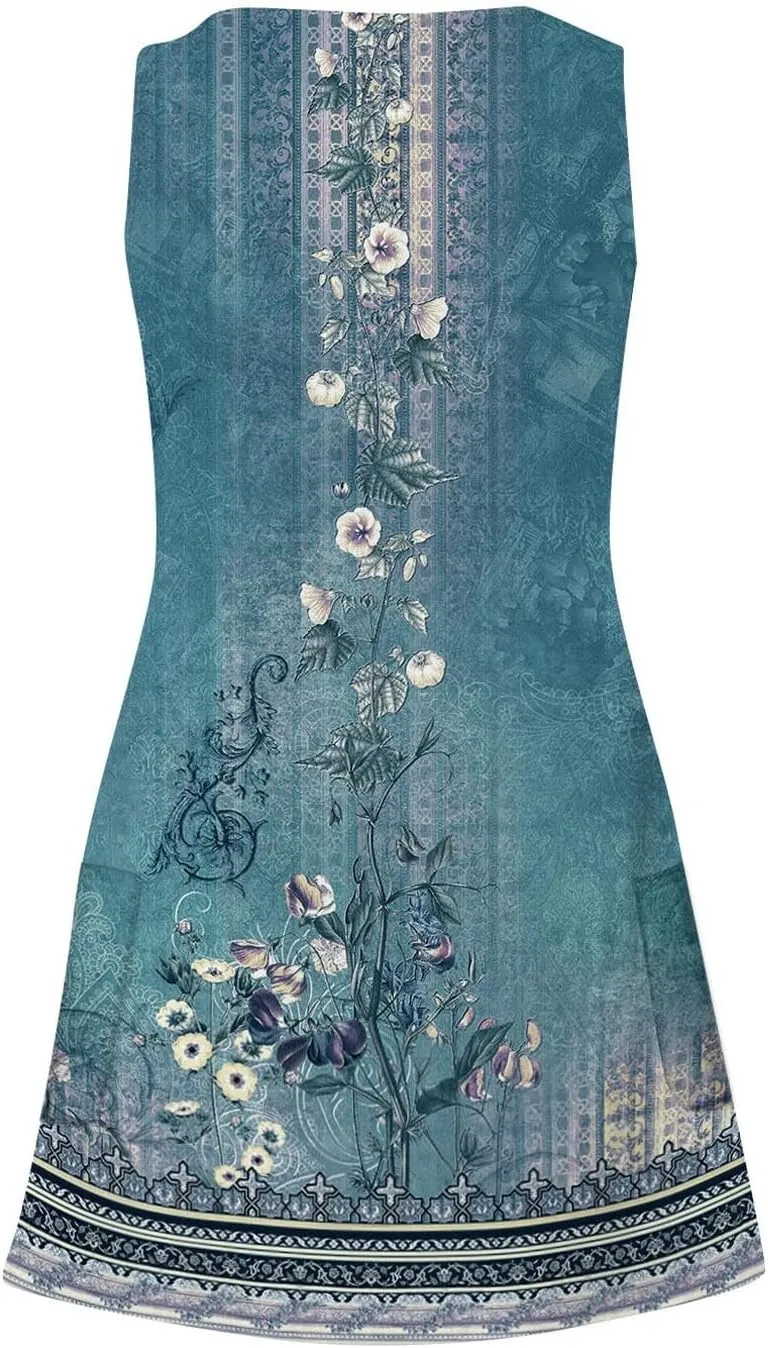 Women's Summer Dresses 2024 Beach Casual Sleeveless Floral Print Boho Tank Dress V Neck Loose Sundress with Pocket