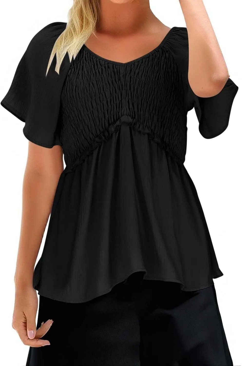 Womens Summer Dressy Tops Short Sleeves Crewneck Pleated Patchwork Tunic Top Leisure Loose Hide Belly T-Shirts