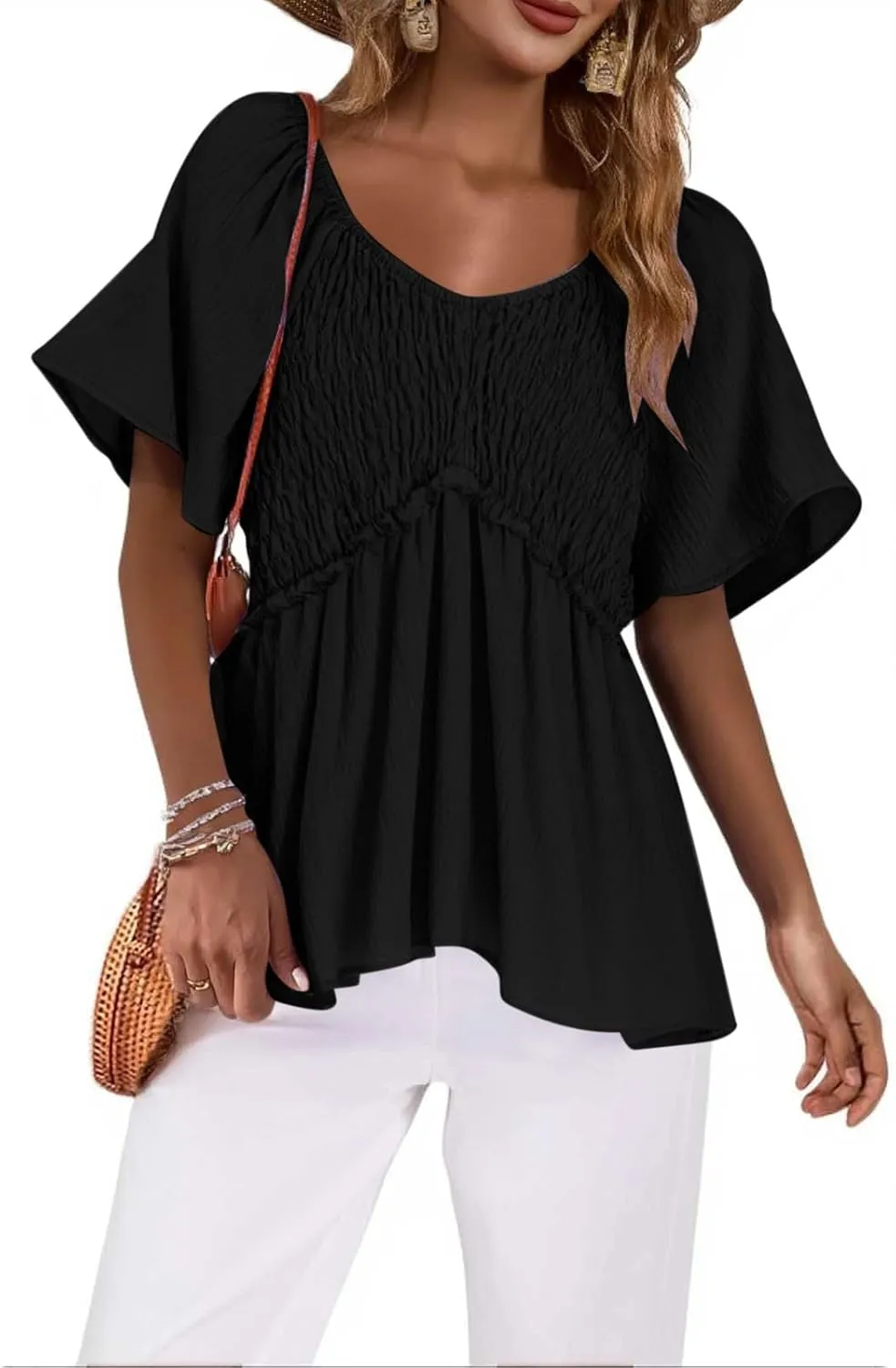 Womens Summer Dressy Tops Short Sleeves Crewneck Pleated Patchwork Tunic Top Leisure Loose Hide Belly T-Shirts