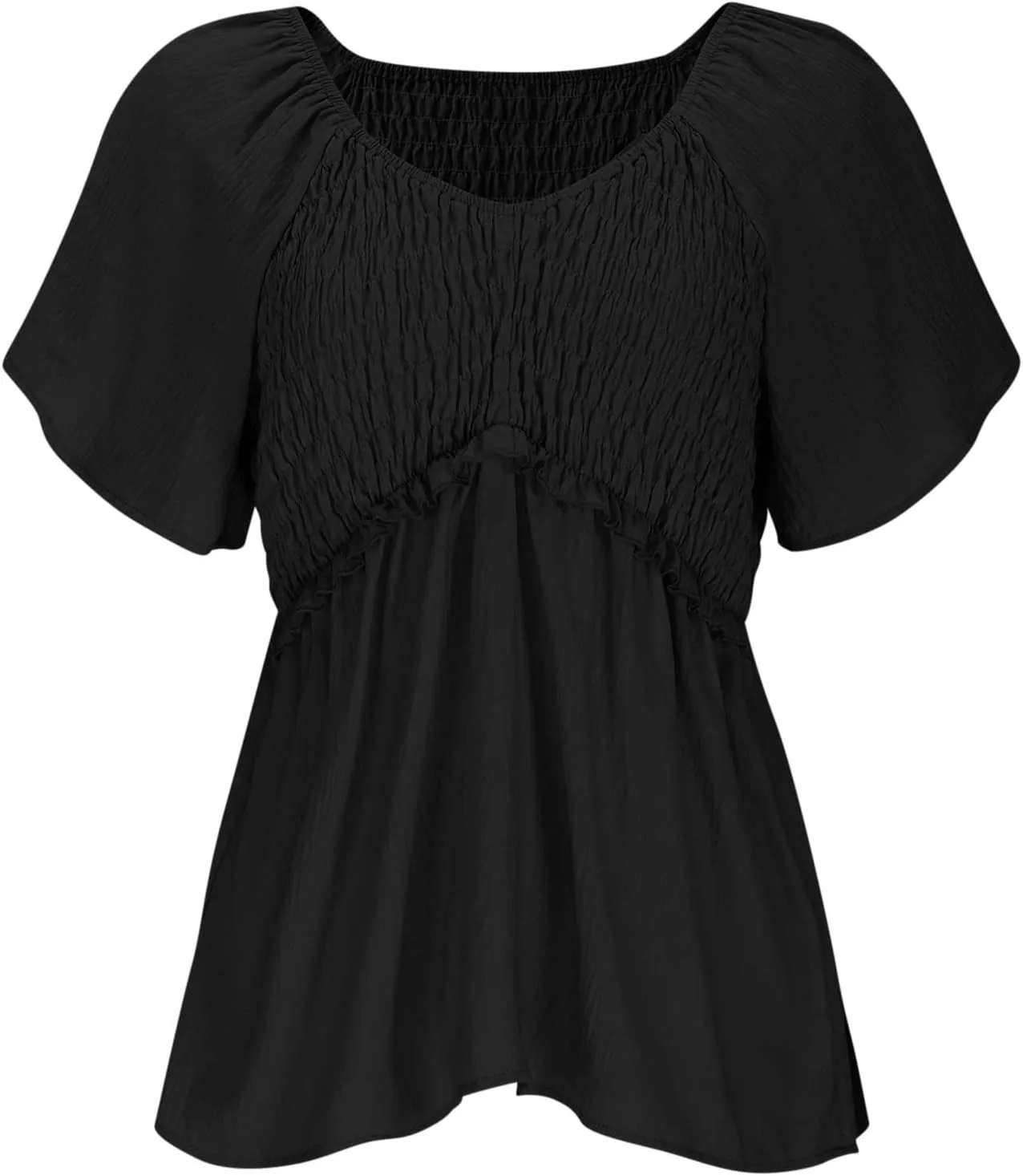 Womens Summer Dressy Tops Short Sleeves Crewneck Pleated Patchwork Tunic Top Leisure Loose Hide Belly T-Shirts