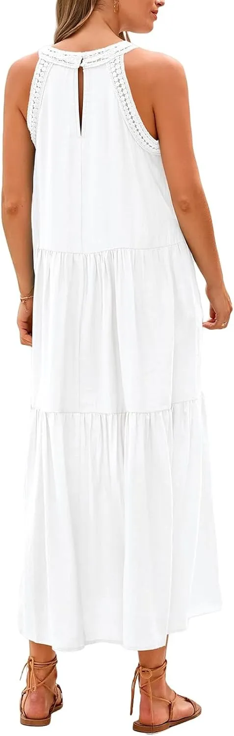Womens Summer Halter Dresses Casual Sleeveless Hollow Out Tiered Swing Coverup Beach Vacation Sundress