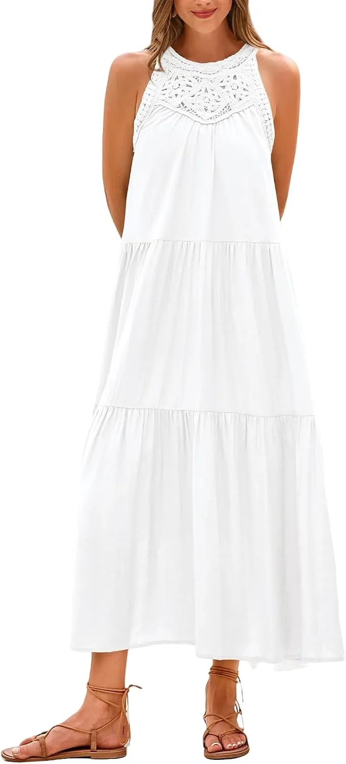 Womens Summer Halter Dresses Casual Sleeveless Hollow Out Tiered Swing Coverup Beach Vacation Sundress