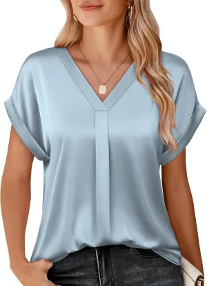 Youtalia Womens Silk Satin Short Sleeve Blouses Business Work Tops V Neck Loose Fit Shirts