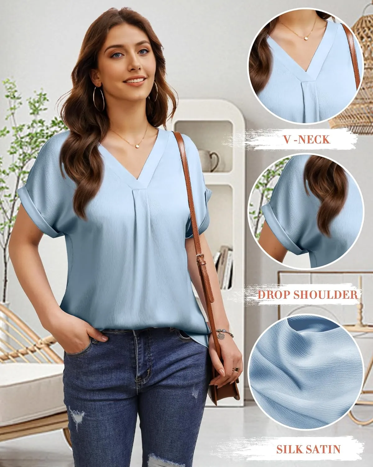 Youtalia Womens Silk Satin Short Sleeve Blouses Business Work Tops V Neck Loose Fit Shirts