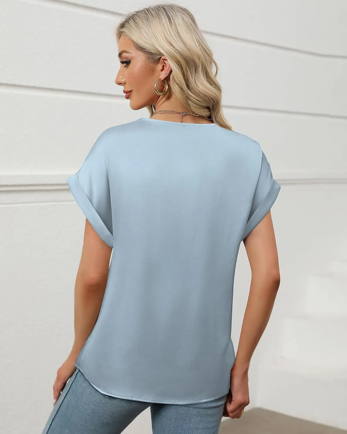 Youtalia Womens Silk Satin Short Sleeve Blouses Business Work Tops V Neck Loose Fit Shirts