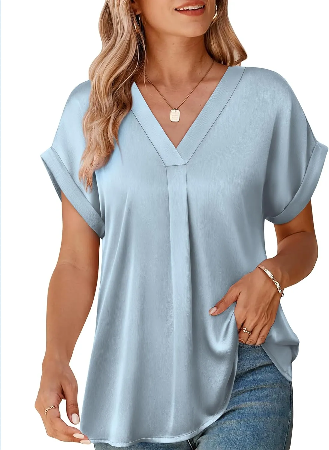 Youtalia Womens Silk Satin Short Sleeve Blouses Business Work Tops V Neck Loose Fit Shirts